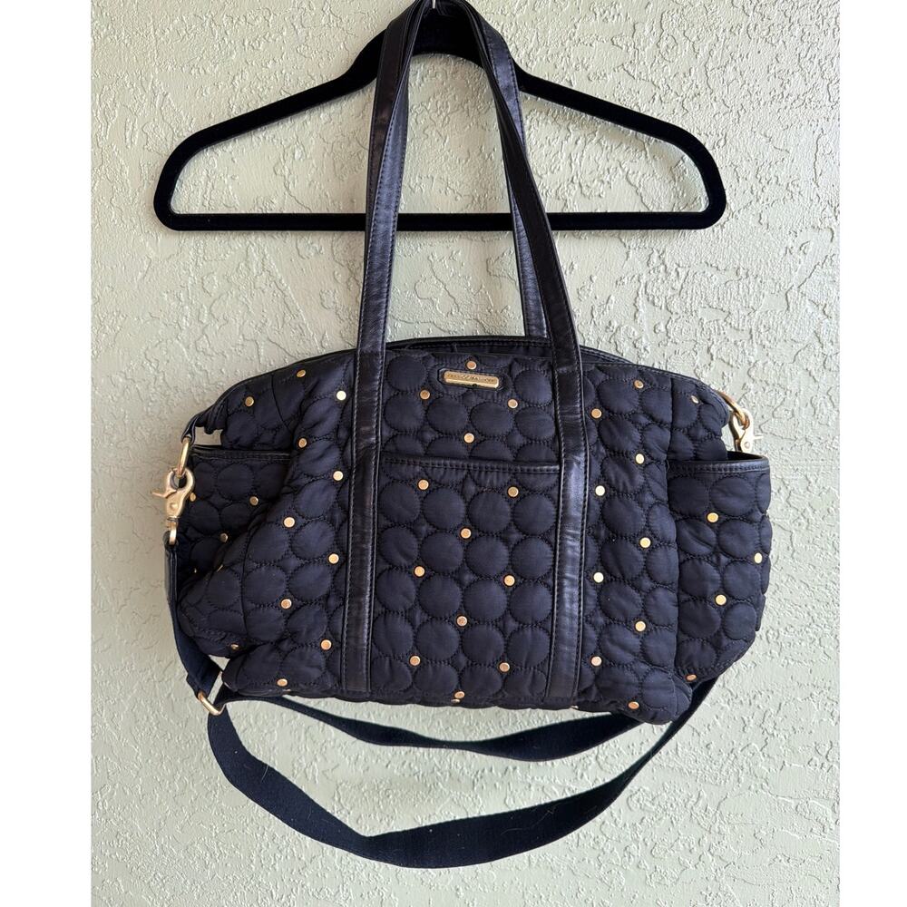 REBECCA MINKOFF Marissa Quilted Baby Bag Black Nylon Gold-Toned Studs Zip Top